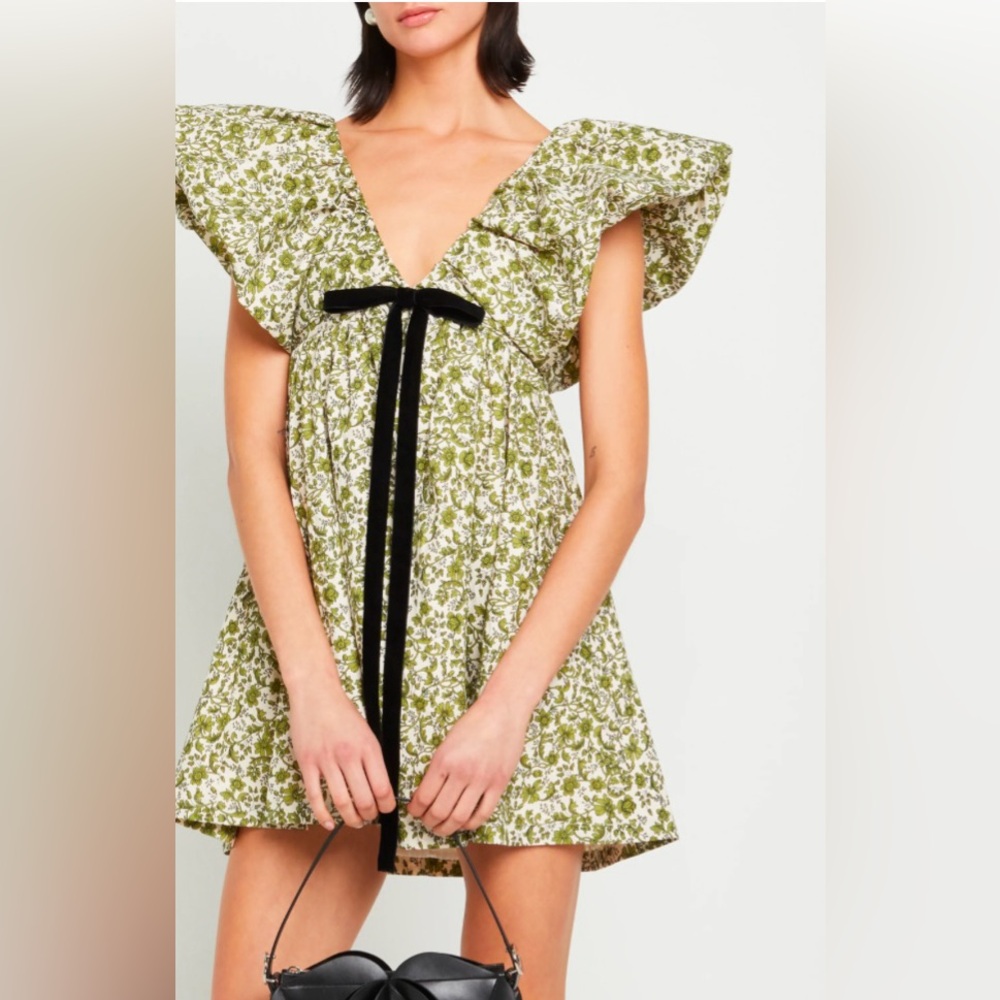 Green Mini Dress with Ruffled Flutter Sleeves and Plunge Neckline